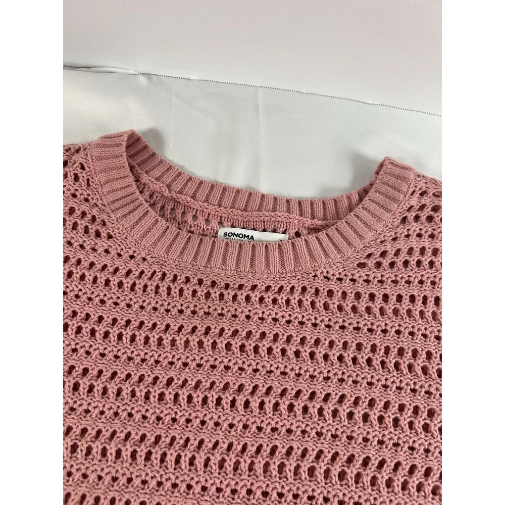 Sonoma Women Crochet Sweater XL Pink Short Sleeve Cotton Knit Boho Pullover